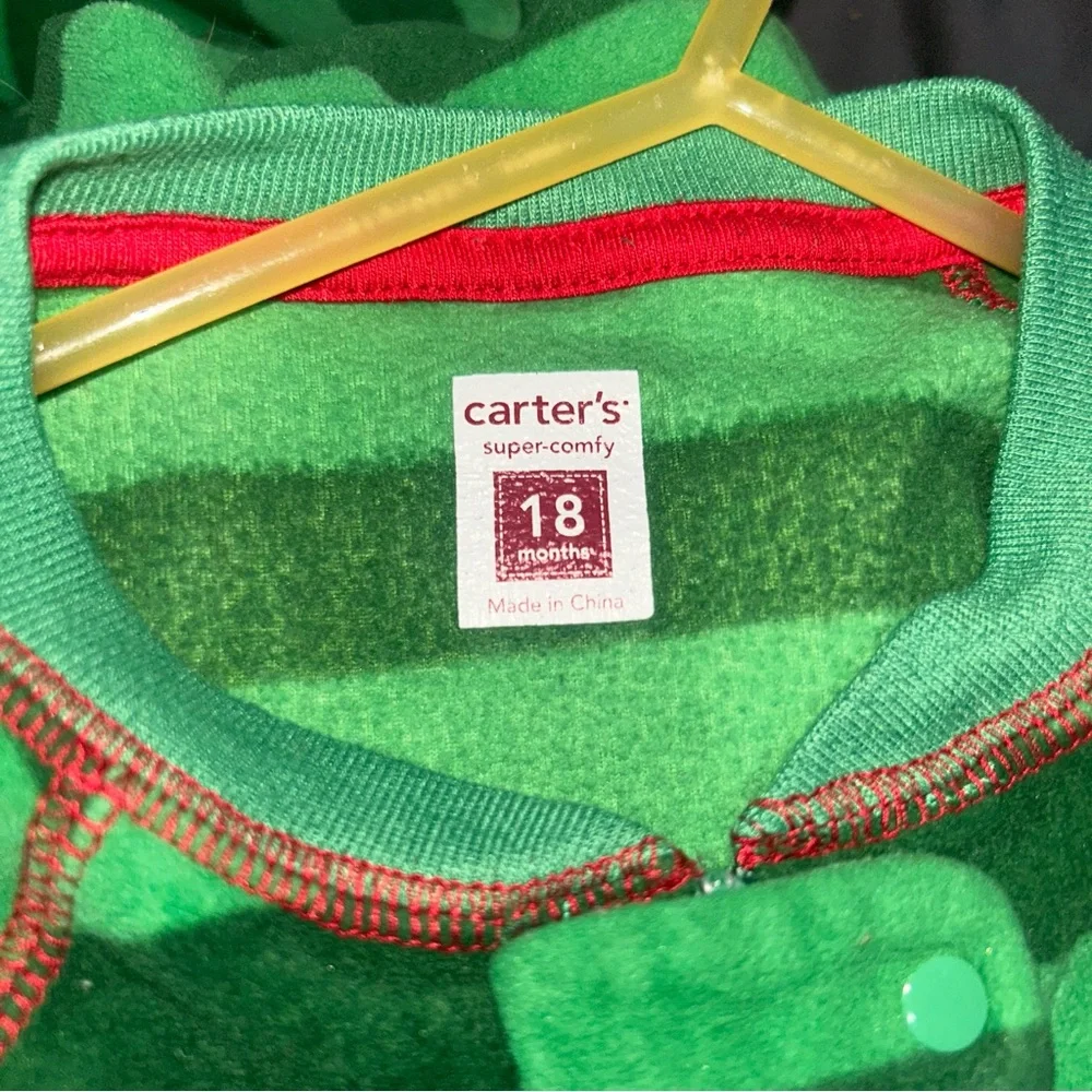 Carter's Green Striped Footie with Reindeer